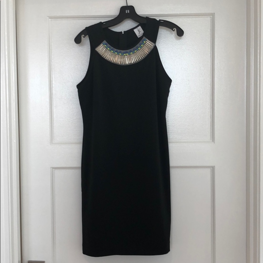 Embellished statement neck shift dress